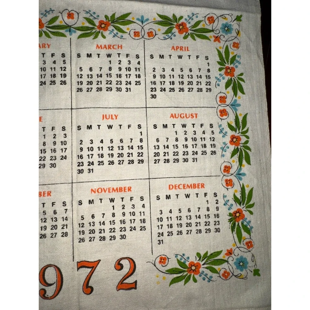 Vintage 1972 The Haus Linen Tea Towel Calendar Horse Wagon Farm Folk Art Dutch